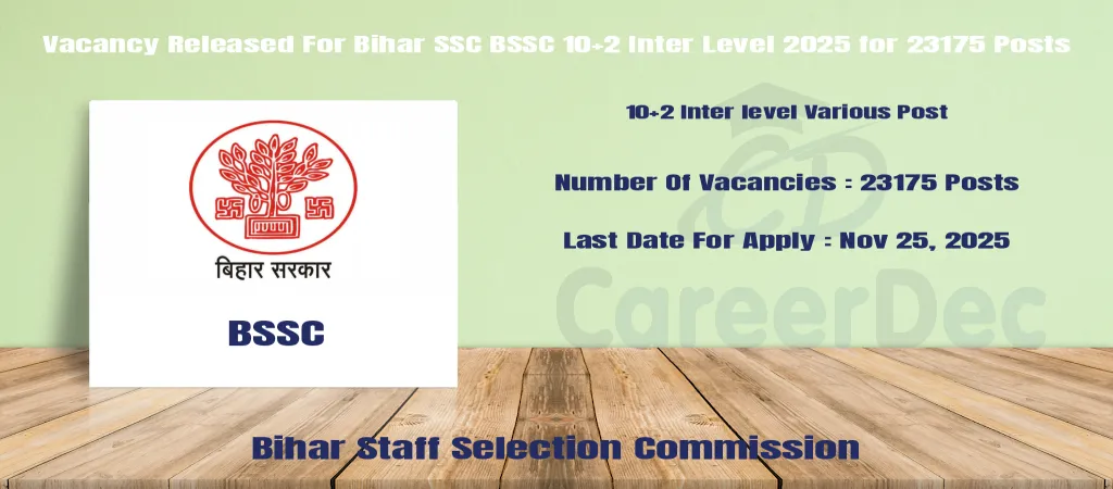 Vacancy Released For Bihar SSC BSSC 10+2 Inter Level 2025 for 23175 Posts logo