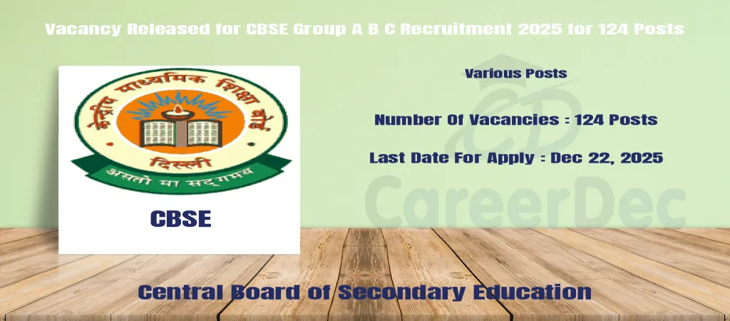 Vacancy Released for CBSE Group A B C Recruitment 2025 for 124 Posts logo