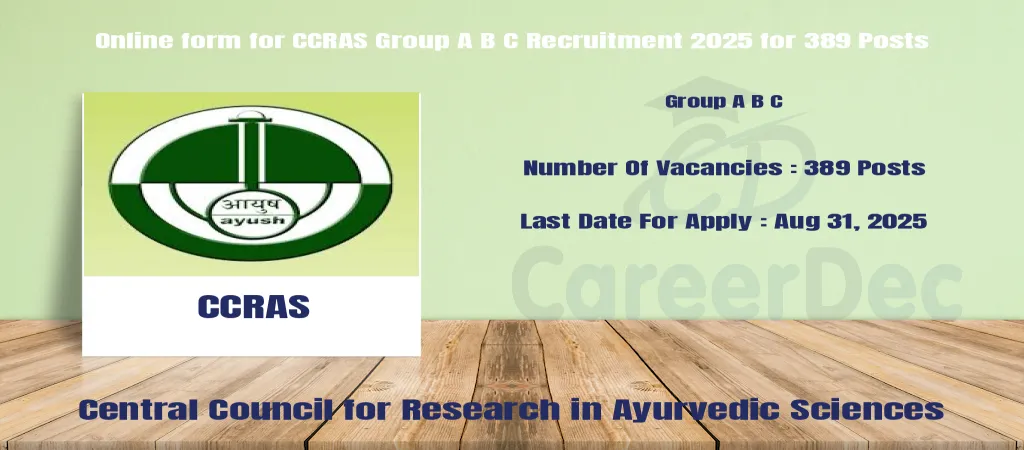 Online form for CCRAS Group A B C Recruitment 2025 for 389 Posts logo
