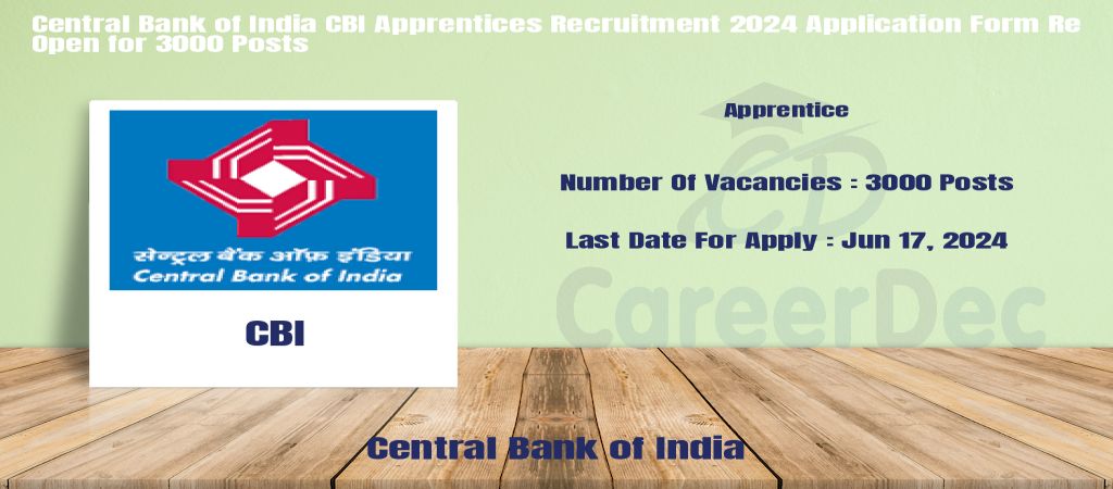 Central Bank of India CBI Apprentices Recruitment 2024 Application Form Re Open for 3000 Posts logo