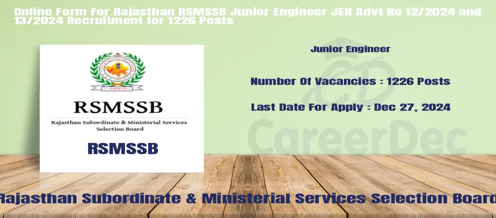 Online Form For Rajasthan RSMSSB Junior Engineer JEN Advt No 12/2024 and 13/2024 Recruitment for 1226 Posts logo