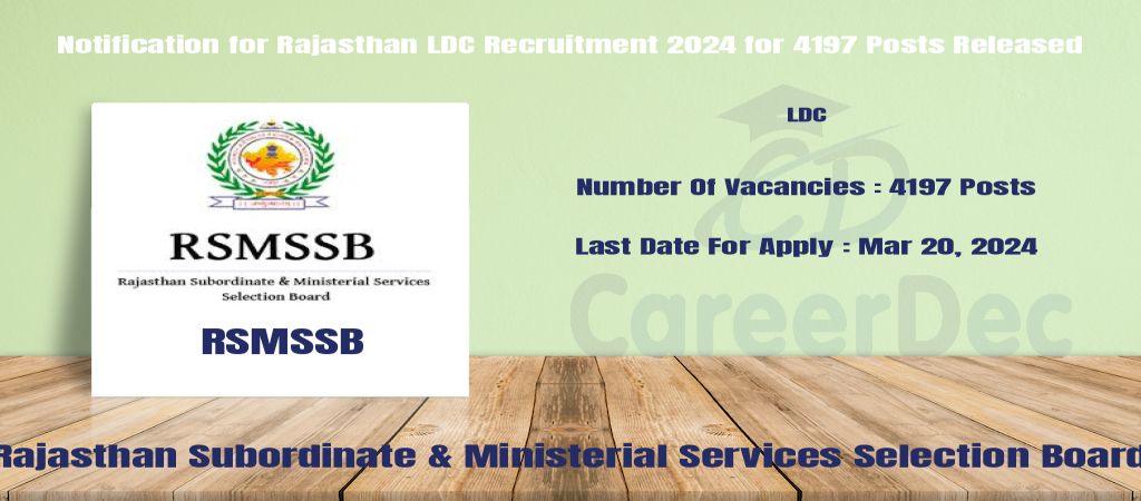 Notification for Rajasthan LDC Recruitment 2024 for 4197 Posts Released logo