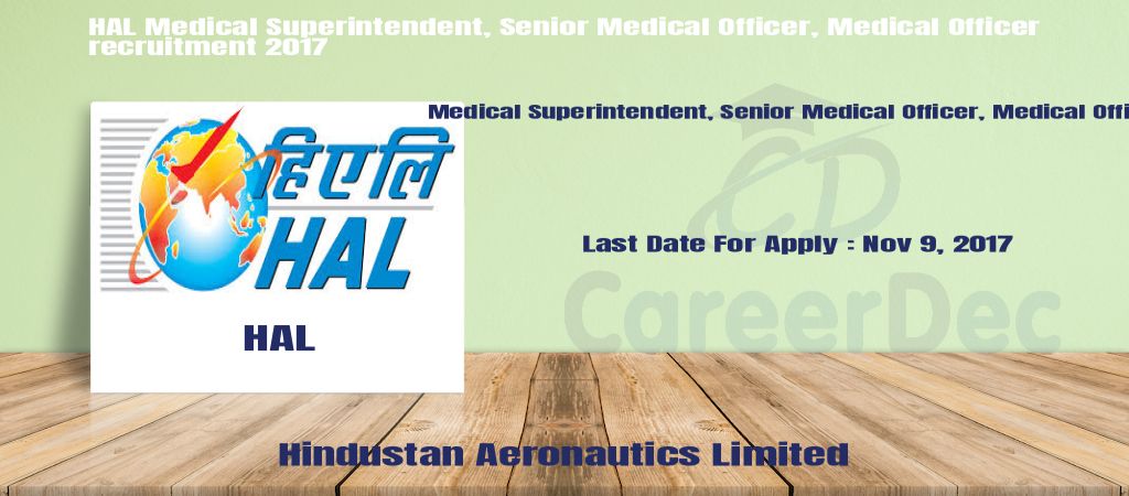 HAL Medical Superintendent, Senior Medical Officer, Medical Officer recruitment 2017 logo