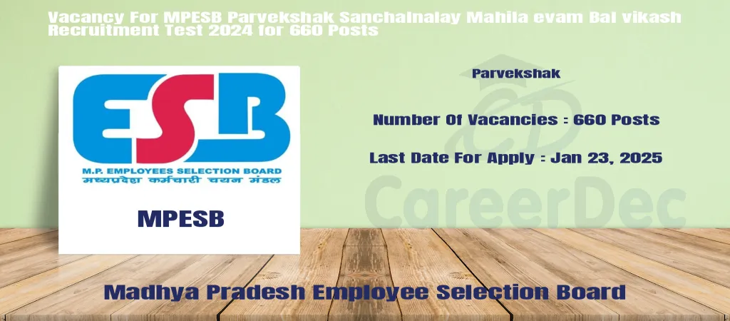 Vacancy For MPESB Parvekshak Sanchalnalay Mahila evam Bal vikash Recruitment Test 2024 for 660 Posts logo