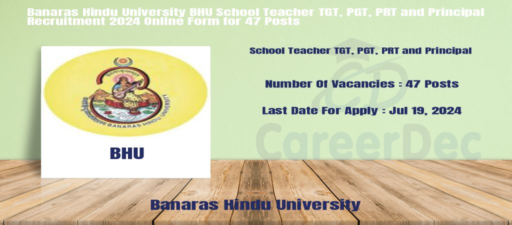 Banaras Hindu University BHU School Teacher TGT, PGT, PRT and Principal Recruitment 2024 Online Form for 47 Posts logo