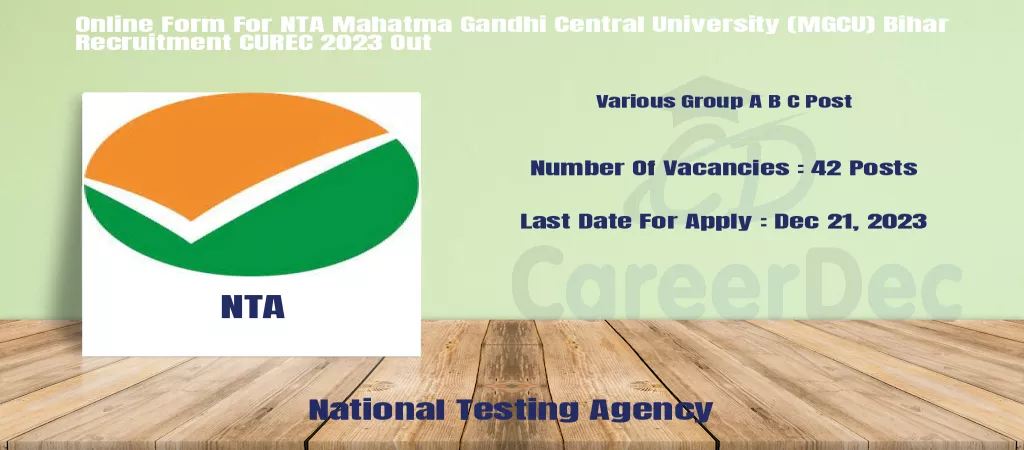 Online Form For NTA Mahatma Gandhi Central University (MGCU) Bihar Recruitment CUREC 2023 Out logo