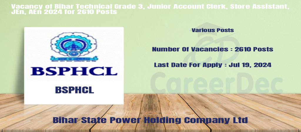 Vacancy of Bihar Technical Grade 3, Junior Account Clerk, Store Assistant, JEn, AEn 2024 for 2610 Posts logo
