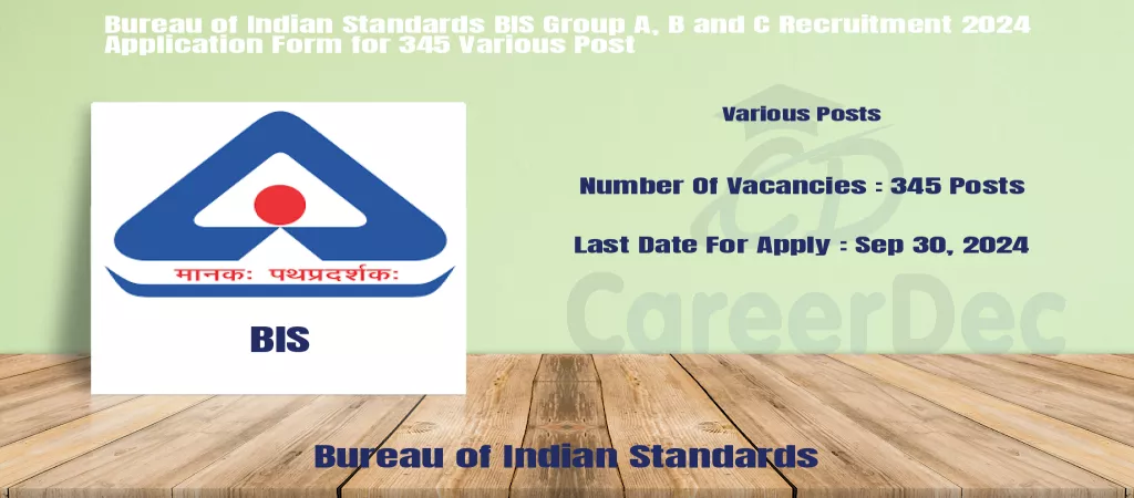 Bureau of Indian Standards BIS Group A, B and C Recruitment 2024 Application Form for 345 Various Post logo