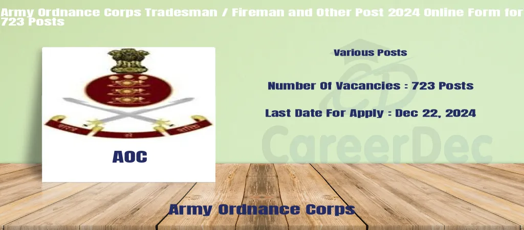 Army Ordnance Corps Tradesman / Fireman and Other Post 2024 Online Form for 723 Posts logo