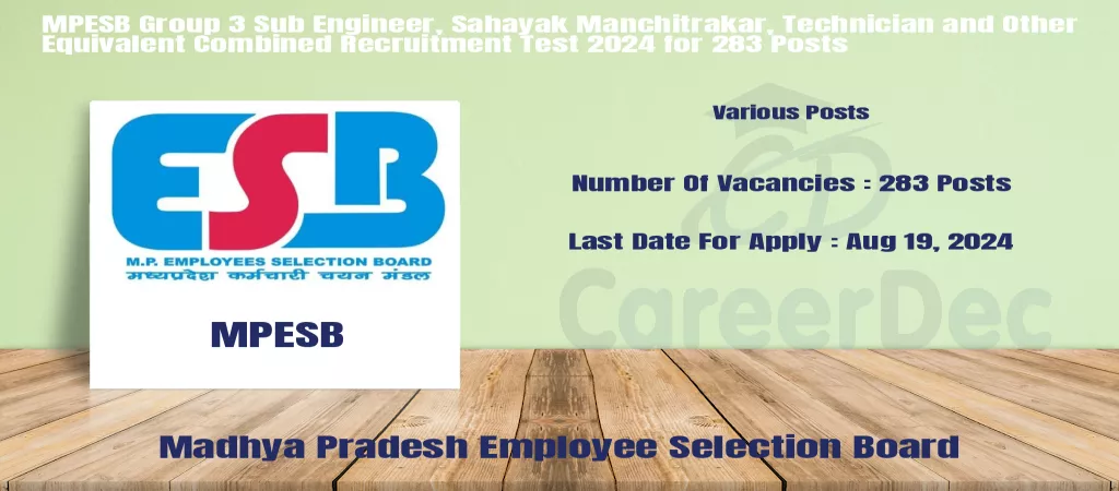 MPESB Group 3 Sub Engineer, Sahayak Manchitrakar, Technician and Other Equivalent Combined Recruitment Test 2024 for 283 Posts logo