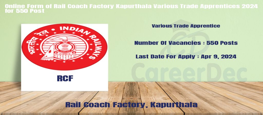 Online Form of Rail Coach Factory Kapurthala Various Trade Apprentices 2024 for 550 Post logo