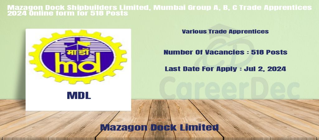 Mazagon Dock Shipbuilders Limited, Mumbai Group A, B, C Trade Apprentices 2024 Online form for 518 Posts logo