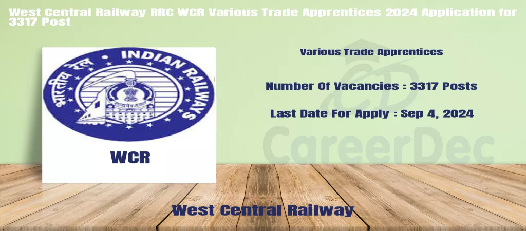 West Central Railway RRC WCR Various Trade Apprentices 2024 Application for 3317 Post logo