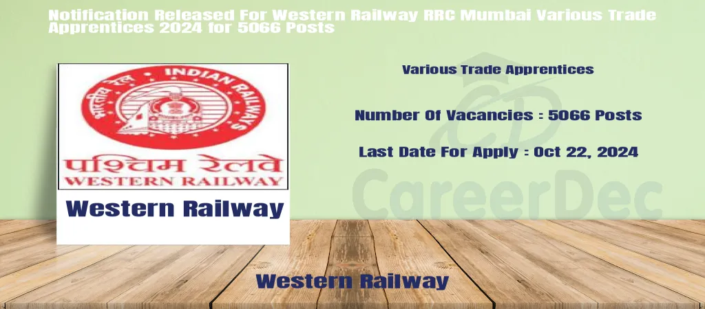 Notification Released For Western Railway RRC Mumbai Various Trade Apprentices 2024 for 5066 Posts logo