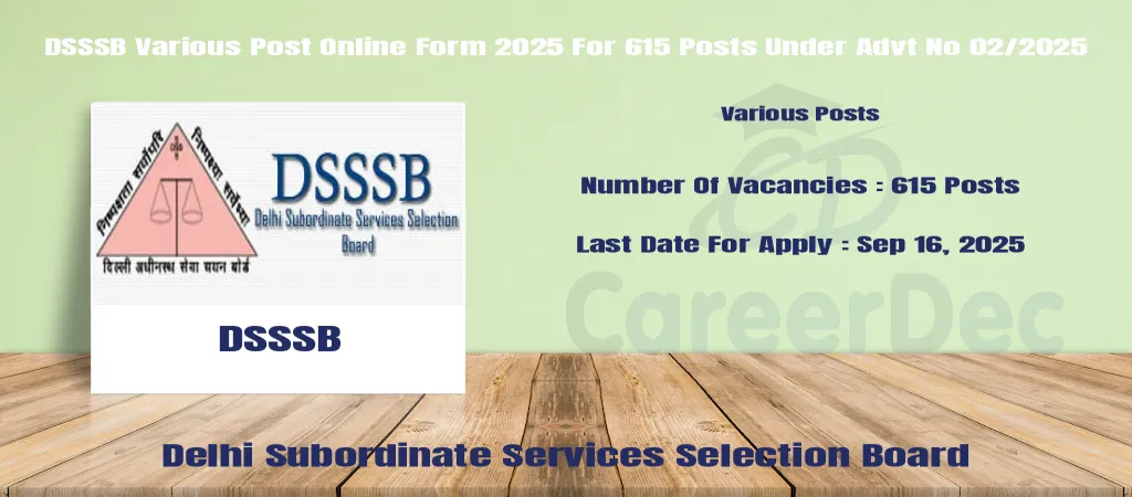 DSSSB Various Post Online Form 2025 For 615 Posts Under Advt No 02/2025 logo
