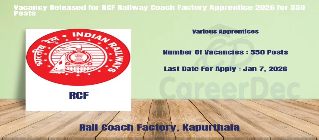 Vacancy Released for RCF Railway Coach Factory Apprentice 2026 for 550 Posts logo