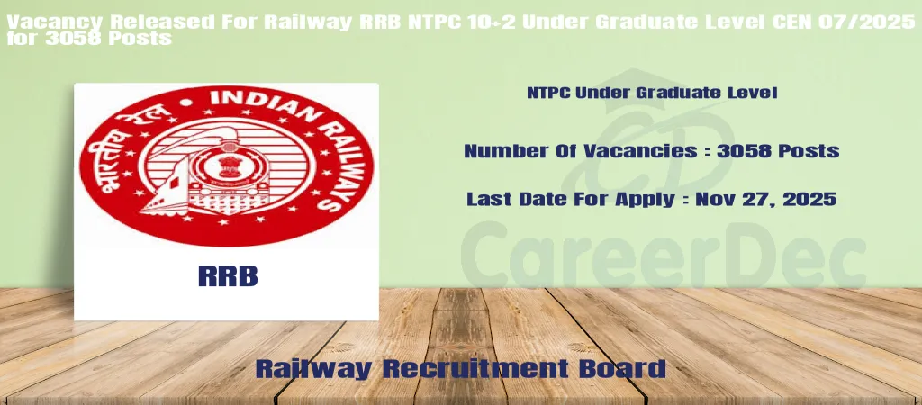 Vacancy Released For Railway RRB NTPC 10+2 Under Graduate Level CEN 07/2025 for 3058 Posts logo