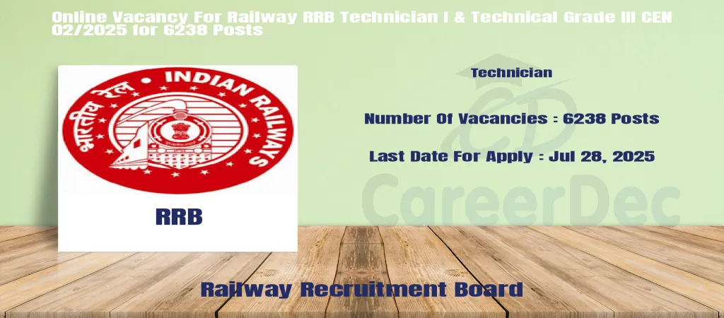Online Vacancy For Railway RRB Technician I & Technical Grade III CEN 02/2025 for 6238 Posts logo