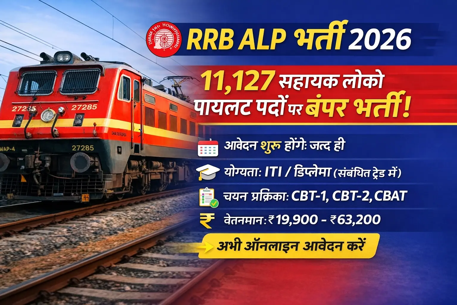 RRB ALP भर्ती 2026: 11,127 सहायक लोको पायलट पदों पर बड़ी भर्ती (CEN 01/2026)